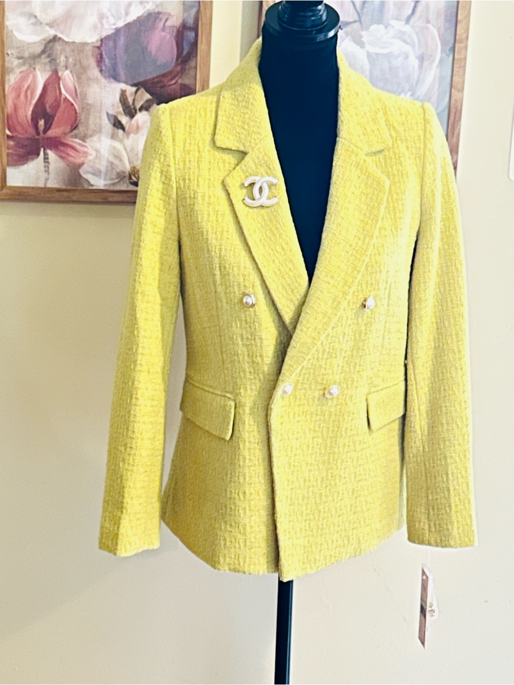 Yellow Tweed Double-Breasted Blazer